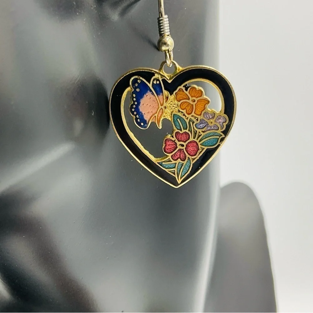 VTG Earrings Cloisonne Flower Butterfly Gold Tone 80s Jewelry Heart Gift Black - Picture 3 of 8